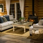 Living room at log accommodation in Golden, B.C.